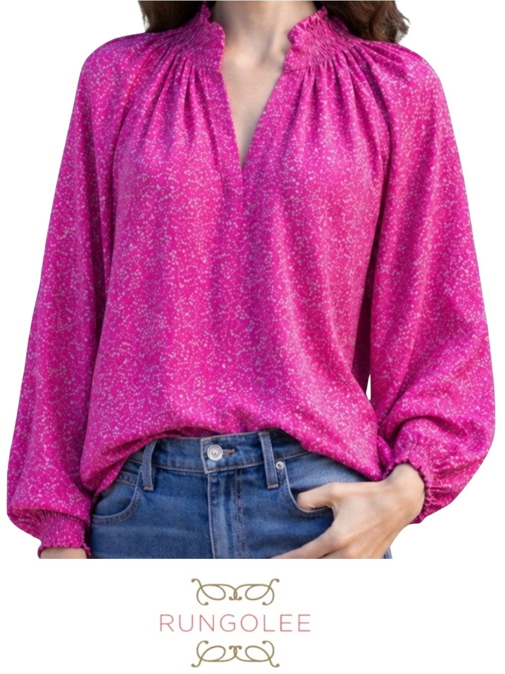 Rungolee - “Kiki” Silk Fuchsia Smocked Neck Long-Sleeve, Size Medium
